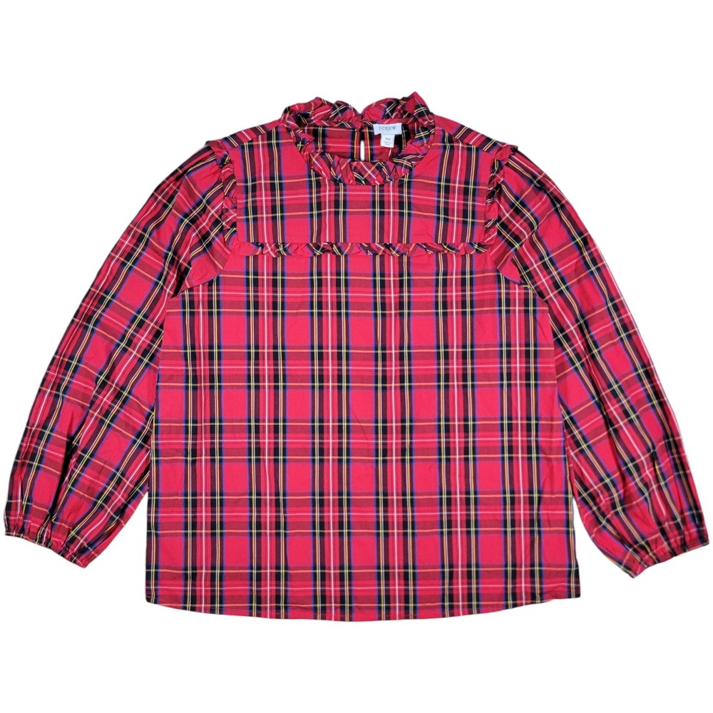 J.Crew Blouse Womens XS Red Tartan Plaid Ruffle Trim Long Sleeve Holiday Preppy